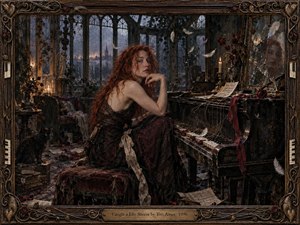 A red-haired woman sits beside a battered grand piano in a shadowy, rain-soaked conservatory. Deep burgundy, black, and bronze tones create a brooding, intimate mood. Candlelight glows against cracked glass, wilted roses, scattered feathers, torn music, and worn fabric, giving the detailed scene a haunting, romantic, handcrafted realism.