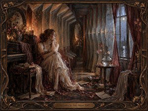 A contemplative woman sits beside an antique piano in a shadowed moonlit room, surrounded by faded flowers, scattered pages, and flowing burgundy fabric. Warm candlelight contrasts with cool blue windows, creating a wistful, intimate mood. Painterly textures, ornate architecture, reflective glass, and a bronze floral frame deepen the dreamlike atmosphere.
