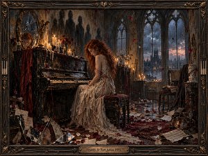 A red-haired woman sits at a worn black piano inside a ruined Gothic chamber, surrounded by candles, scattered sheet music, roses, broken mirrors, and trailing crimson threads. Stormy blue windows contrast with warm amber light, creating a haunted, introspective mood. Rich painterly textures and an ornate dark frame deepen the dramatic atmosphere.