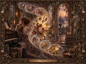 A contemplative woman sits beside an ornate piano in an autumnal chamber as glowing flowers transform into golden forms along a sweeping ribbon of light. Warm amber sunset, fallen leaves, carved wood, candles, and classical statuary create a wistful, dreamlike mood filled with memory, change, loss, and renewal.