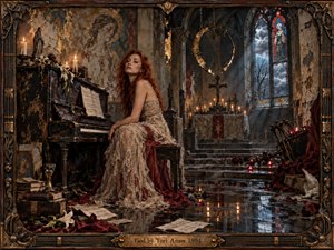 A red-haired woman sits beside a weathered black piano inside a ruined Gothic chapel, surrounded by candles, roses, fallen music, and fractured religious imagery. Storm light pours through stained glass, reflecting across the wet stone floor. Rich bronze, crimson, black, and ivory tones create a haunted, defiant, devotional atmosphere.
