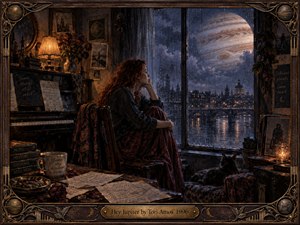 A solitary red-haired woman sits beside a worn piano in a shadowed room, gazing through rain-streaked windows at an enormous Jupiter above a glowing city. Warm amber lamplight contrasts with deep blue night tones, while scattered papers, flowers, books, and antique furnishings create a melancholic, intimate, richly textured painted atmosphere.