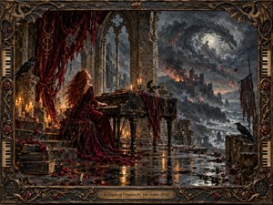 A red-haired pianist sits amid ruined Gothic arches, candlelight, roses, ravens, and rain-dark stone, facing a storm-wrapped dragon above a burning coastal fortress. Deep crimson, black, bronze, and smoky blue create a brooding, defiant mood. Ornate fantasy realism and weathered textures intensify the apocalyptic atmosphere within an elaborate carved musical frame.