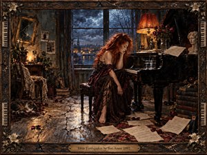 A red-haired woman sits beside a grand piano in a storm-darkened room, surrounded by scattered music, wilted roses, cracked floorboards, books, and candlelight. Deep burgundy, bronze, and midnight blue create a fragile, haunted mood, while ornate framing and painterly realism emphasize emotional tension, solitude, and quiet collapse.