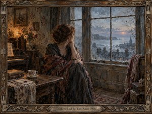A solitary woman sits beside a rain-streaked window overlooking a cold northern harbor at dusk. Warm candlelight and a nearby piano contrast with the blue-gray sea, distant rooftops, and fading sun. Rich painterly textures, worn wood, flowers, letters, and an ornate carved frame create a wistful, intimate mood.