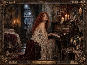 A red-haired pianist sits at a worn upright piano in a candlelit gothic room, surrounded by faded photographs, pearls, wilted lilies, religious icons, and torn lace. Deep burgundy, bronze, and midnight blue tones create a haunted, intimate mood, while moonlight and candle glow sharpen the richly textured, painterly scene.
