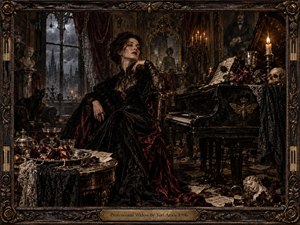 A poised woman in black lace and burgundy velvet sits beside a grand piano in a decaying candlelit salon. Rain streaks the windows while roses, silver, sheet music, skulls, and antique portraits deepen the gothic tension. Rich shadows, tarnished gold, dark wood, and dramatic oil-painted detail create decadent unease.