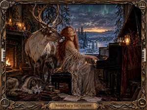 A red-haired pianist plays beside a majestic reindeer in a candlelit winter room opening onto a snowy forest and glowing aurora. Warm firelight contrasts with icy blues outside, creating a dreamlike, introspective mood. Ornate woodwork, books, sheet music, a sleeping wolf, and a weathered frame enrich the painterly scene.