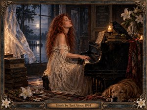 A red-haired pianist in an ivory lace dress plays beside a moonlit window in a richly detailed, candlelit room. Deep blacks, warm amber light, pale lilies, old books, a raven, and a sleeping dog create a hushed, reflective mood. The ornate frame and painterly realism heighten the intimate atmosphere.