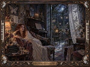 A red-haired woman reclines beside a dark piano in a richly furnished moonlit conservatory, surrounded by flowers, candles, antique furnishings, and drifting butterflies. Cool blue night light mixes with warm amber lamplight, creating a romantic, introspective mood. Ornate textures, soft shadows, and a detailed decorative frame heighten the dreamlike elegance.