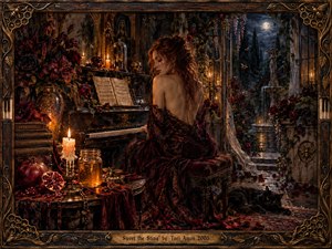 A red-haired woman sits at a candlelit piano in a shadowy garden room, wrapped in deep burgundy fabric. Moonlight enters through open arches, revealing roses, ivy, fountains, and a black cat. Warm amber flames contrast with cool blue night, creating a sensual, mysterious, richly textured romantic atmosphere.