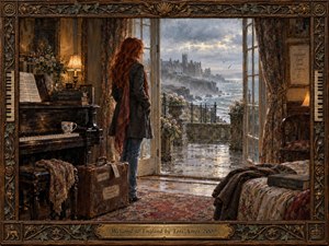 A red-haired woman stands beside a worn piano in a richly furnished coastal room, gazing through open doors toward a stormy English shoreline and distant stone town. Warm amber lamplight contrasts with cool gray sea mist, while weathered luggage, floral textiles, carved wood, and an ornate bronze frame suggest longing, displacement, and uneasy belonging.