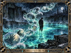 A solitary figure stands ankle-deep in luminous turquoise water beneath a stormy moonlit sky, surrounded by ruined industrial walls and drifting mist. Translucent feathered bubbles form a graceful S-curve through the scene, carrying symbolic memories. Deep blues, aquas, silver, and gold create a haunting watercolor atmosphere within an ornate musical frame.