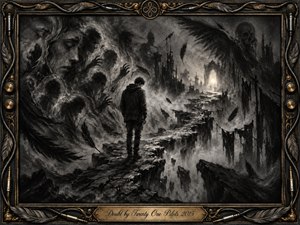 A solitary figure stands on a fractured path winding through a haunted charcoal landscape, surrounded by ghostly faces, reaching shadows, black feathers, and ruined gothic structures. Stark monochrome tones and smoky lighting create anxious isolation, while an ornate black-and-gold musical frame, cables, microphones, knobs, and engraved title plate intensify the brooding atmosphere.