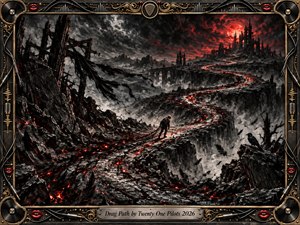 A lone traveler trudges along a glowing ember-red path winding through a shattered charcoal wasteland toward distant gothic ruins beneath a blood-red moon. Jagged cliffs, ravens, smoke, and storm clouds create a haunting, determined mood. Deep blacks, metallic grays, and crimson highlights are framed by ornate music-inspired gold and chrome details.