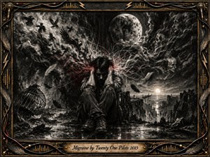 A solitary figure grips their head beneath a turbulent moonlit sky, surrounded by ravens, drifting feathers, ghostly faces, and tangled red-white energy. Deep charcoal textures and smoky shadows create a claustrophobic, haunted mood. Metallic gold-and-black musical framing, wet reflections, dramatic highlights, and a distant glowing horizon suggest pain, chaos, and fragile hope.
