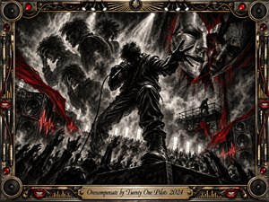 A shadowed singer lunges across a smoky concert stage, gripping a microphone as ghostlike figures and fractured masks loom behind him. Deep charcoal textures, blackened crowds, crimson ribbons, and sharp spotlights create a tense, defiant mood. An ornate metallic music-themed frame surrounds the dramatic, high-contrast composition with engraved title plate.