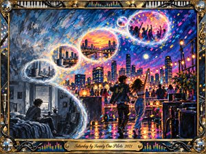 A vibrant painted city night unfolds beneath swirling blue, pink, and gold skies, where glowing memory bubbles trace an S-curve from a lonely bedroom toward a jubilant rooftop dance. Warm string lights, reflections, confetti, and silhouetted crowds create hopeful Saturday energy, framed by ornate chrome, piano keys, disco balls, and musical details.
