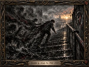 A lone figure struggles up rain-slick stone steps while shadowy hands and smoky tendrils pull from behind. A distant golden glow cuts through a stormy gothic city, contrasting deep charcoal blacks, grays, and muted red accents. Textured charcoal styling, wet reflections, dramatic lighting, and an ornate music-themed metallic frame heighten the tense, determined mood.