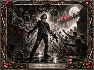 A lone young man stands on a rain-slicked urban stage as smoky charcoal shadows coil from his hands and anguished faces emerge behind him. Reaching figures offer support through the haze. Monochrome blacks and grays, pierced by crimson accents and moonlit highlights, create a raw, dramatic, textured atmosphere within an ornate music-themed frame.
