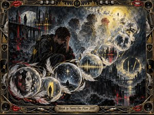 A troubled young man crouches within a dark futuristic cityscape as ghostly versions of himself dissolve toward a glowing horizon. Feather-trimmed glass orbs sweep upward in an S-curve, holding fractured faces, stars, skylines, and memories. Smoky blacks, blues, gold, and red accents create a dramatic mixed-media atmosphere framed by ornate musical hardware.