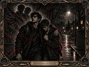 Two young men cling together on a rain-soaked nighttime street, one steady and protective, the other weary and vulnerable. Deep charcoal textures, smoky shadows, and crimson threadlike streaks create a tense, loyal bond. Streetlights shimmer on wet pavement, while ghostly wing forms and an ornate music-themed frame deepen the dramatic, melancholic atmosphere.
