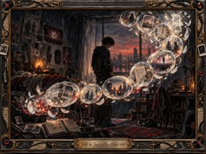A solitary figure stands in a shadowed bedroom overlooking a glowing city sunset as translucent memory bubbles spiral upward in an S-curve. Charcoal-dark textures, muted reds, amber light, scattered photographs, tally marks, feathers, and musical relics create a haunting, reflective mood, enclosed by an ornate black-and-gold instrument-inspired frame.