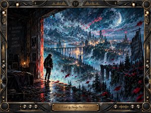 A lone figure steps from a shadowed, graffiti-streaked room into a vast moonlit city of mountains, waterfalls, glowing towers, and winding lights. Deep blues, turquoise, black, and fiery red create a tense, dreamlike mood. Painterly textures, reflective surfaces, drifting petals, and an ornate musical frame suggest escape, isolation, and discovery.