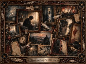 A haunting vintage collage surrounds a solitary young man amid fractured memories, shadowed hallways, faded portraits, birds, roses, records, and an antique clock. Sepia, charcoal, burgundy, and muted gold tones glow under dim cinematic light. Layered oil, acrylic, and watercolor textures create a nostalgic, anxious atmosphere within an ornate musical frame.
