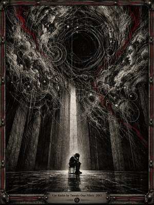 A lone figure hunches on a stool beneath a narrow shaft of pale light in a cavernous concrete chamber. Above, tangled white scratchboard lines spiral around a black void, threaded with ghostly faces and streaks of red. A bolted metal frame and engraved title plate intensify the stark, anxious atmosphere.