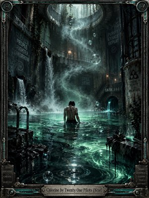 A solitary figure stands waist-deep in glowing turquoise water inside a ruined industrial chamber. Cascading waterfalls, drifting bubbles, and spiraling mist rise beneath a distant skylight. Cold teal reflections illuminate rusted pipes, shadowed stairways, and weathered concrete. Cinematic digital artistry creates a haunting atmosphere of danger, isolation, and renewal.