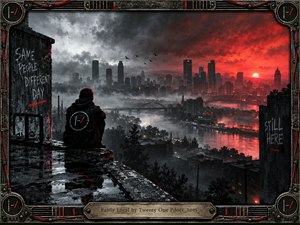 A lone hooded figure overlooks a misty industrial city from a rain-soaked rooftop. Cold gray buildings contrast with a fiery red sunset, reflecting across the river below. Graffiti, distant bridges, and circling birds deepen the dystopian atmosphere. Cinematic digital painting and an intricate metallic frame emphasize isolation, tension, and defiance.