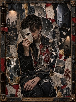 A somber young man holds a cracked mask against his face amid torn photographs, faded notes, and shattered reflections. Charcoal shadows, crimson fragments, and tarnished gold enrich the intricate mixed-media collage. Warm industrial lighting illuminates his vulnerability, while drifting birds, layered textures, and a weathered metal frame evoke fractured identity and concealed turmoil.