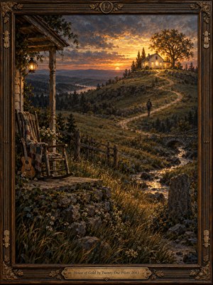 A lone traveler follows a winding hillside path toward a warmly glowing cottage beneath a dramatic sunset. A weathered porch holds a rocking chair, quilt, and ukulele beside a lantern. Golden reflections illuminate a rocky stream, while textured oil brushwork, shadowy valleys, and an ornate wooden frame evoke tenderness, hope, and nostalgia.
