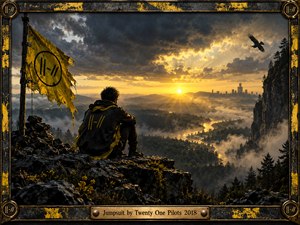 A solitary figure in black and yellow overlooks a misty wilderness, winding river, and distant industrial skyline beneath storm clouds pierced by golden sunlight. A tattered flag and soaring raven heighten the atmosphere of defiance and isolation. Cinematic digital painting combines dramatic lighting, rugged textures, and a distressed industrial frame.