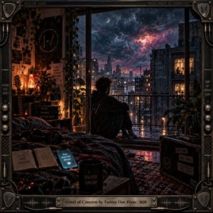 A solitary figure sits beside an open balcony, overlooking a stormy city illuminated by amber windows and crimson clouds. A glowing phone, scattered belongings, and warm lamplight suggest isolation and fragile hope. Rich digital painting, subtle glitch effects, and an industrial musical frame create a cinematic atmosphere of uncertainty and connection.
