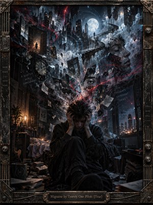 A solitary young man hunches in a shadowy bedroom, clutching his head as shattered faces, floating stairways, and a moonlit city erupt above him. Crimson streaks pierce smoky blue darkness, while amber lamplight illuminates scattered papers. This haunting surreal digital painting features intricate fragmentation and a weathered industrial metal frame.