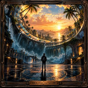 A lone backpacked figure stands on a reflective stone plaza beneath sweeping circular bridges and cascading waterfalls. Palm trees, misty blue ruins, and glowing golden skies create a dreamlike atmosphere of exploration and introspection. Detailed surreal digital painting combines cinematic lighting, intricate architecture, and an ornate copper frame with an engraved title plate.