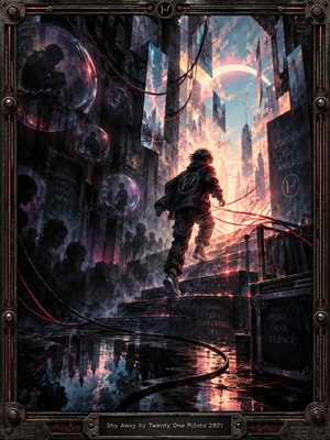 A lone figure climbs rain-slick steps toward a radiant opening in a fractured futuristic city. Shadowy silhouettes and floating glass orbs haunt the dark foreground, while sweeping cables lead toward coral and cyan light. This richly textured digital painting balances anxious isolation with defiant hope, enclosed by an industrial metal frame.