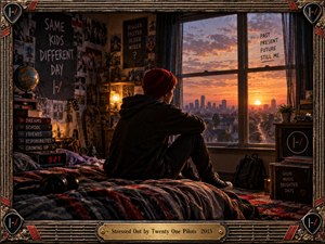 A young person in a red beanie sits on an unmade bed, gazing toward a glowing sunset over a distant city. Posters, books, a guitar, and scattered keepsakes fill the dim bedroom. Warm amber light contrasts with deep shadows, creating a nostalgic, anxious mood within an ornate, music-inspired metallic frame.