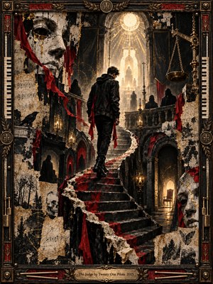 A solitary figure climbs a winding, crimson-streaked staircase through a ruined cathedral courtroom toward radiant golden light. Shadowy witnesses, cracked stone faces, and hanging scales evoke judgment and uneasy hope. Layered parchment, torn red fabric, and distressed textures create a dramatic gothic collage, enclosed by an ornate brass-and-piano-key frame.