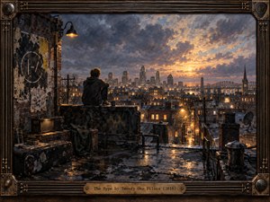 A solitary figure sits on a rain-darkened rooftop overlooking a glowing city at dusk. Storm clouds part around a golden horizon, while amber windows shimmer beneath blue-gray skies. Weathered posters, an old radio, and scattered rooftop objects deepen the introspective mood. Painterly textures and an ornate metallic frame evoke quiet resilience.