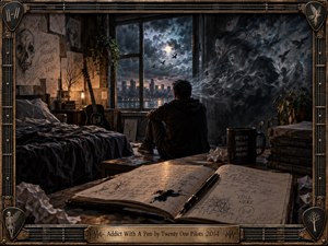 A solitary hooded figure sits beside a stormy city window in a shadowy bedroom filled with sketches, books, and handwritten reflections. An open journal and fountain pen dominate the foreground. Ghostly faces emerge from smoky darkness, while muted blues, warm lamplight, and an ornate metallic frame evoke isolation and fragile hope.