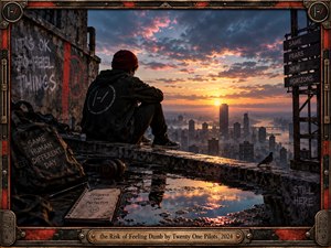 A solitary hooded figure overlooks a sprawling city at sunset from a weathered rooftop. Fiery orange light breaks through brooding blue clouds, reflecting in rain puddles. Graffiti, headphones, and a worn backpack suggest vulnerability and resilience. Cinematic realism and a distressed metal frame create a reflective, emotionally charged atmosphere.