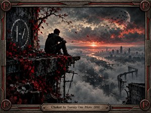 A solitary figure in a dark hoodie sits on a crumbling ledge overlooking a fogbound city beneath a fiery sunset. Crimson foliage, circling birds, and a pale moon deepen the melancholic atmosphere. Dramatic lighting, cinematic realism, winding bridges, and a weathered metallic frame evoke isolation, uncertainty, and fragile hope.