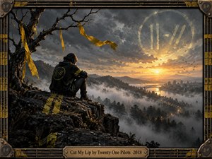 A hooded figure sits on a rugged cliff overlooking a misty valley and distant city beneath stormy skies. Golden sunset light contrasts with charcoal shadows, while yellow ribbons flutter from a twisted tree. Cinematic digital artistry captures resilience and solitude, enclosed by a weathered industrial frame with musical details.