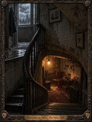A weathered staircase curves into a dim cellar, where amber lamplight warms a red-draped chair and scattered belongings. Above, cold rain streaks the windows of a decaying house. Cracked walls, shadowy photographs, and an ornate metallic frame deepen the haunting, introspective mood of this richly textured cinematic digital painting.