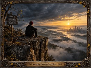 A solitary figure in a red beanie sits on a rocky cliff overlooking a misty valley and distant city at sunset. Dark storm clouds contrast with golden light, creating a reflective, hopeful atmosphere. Cinematic realism, weathered signposts, autumn foliage, and an ornate metallic frame emphasize isolation, uncertainty, and resilience.