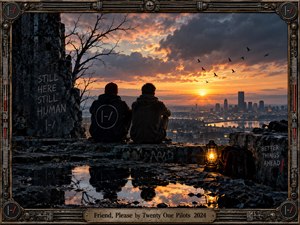 Two friends sit together on a weathered rooftop overlooking a distant city at sunset. Golden light breaks through storm clouds, reflecting in puddles beneath a glowing lantern. Graffiti, bare branches, and circling birds deepen the atmosphere of vulnerability and hope. A distressed industrial metal frame completes the cinematic composition.