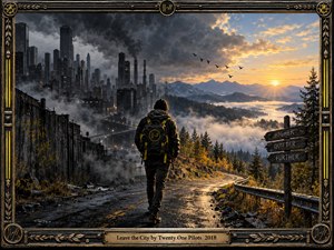A lone traveler walks a rain-slick road between a smoke-filled industrial city and a golden mountain sunrise. Dramatic clouds, misty forests, distant peaks, and soaring birds evoke escape and fragile hope. Cinematic digital artwork contrasts charcoal shadows with warm amber light, enclosed in an ornate black-and-gold frame with an engraved title plate.